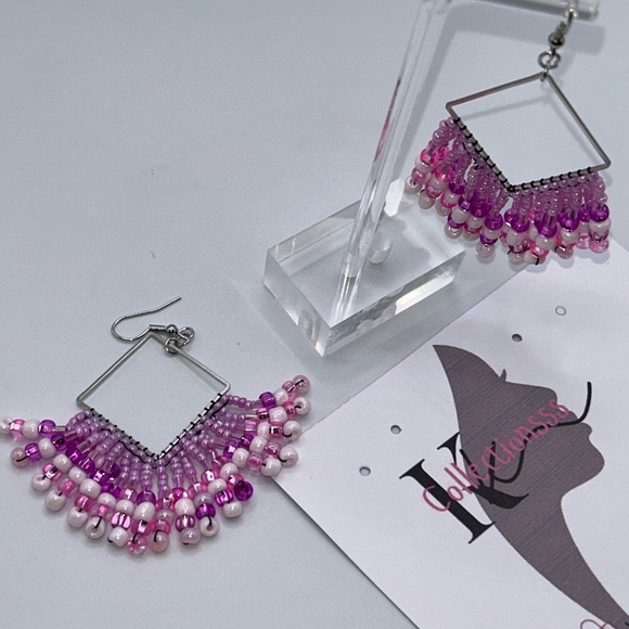 Elegant Pink and Purple Beaded Earrings - Picture 3 of 3
